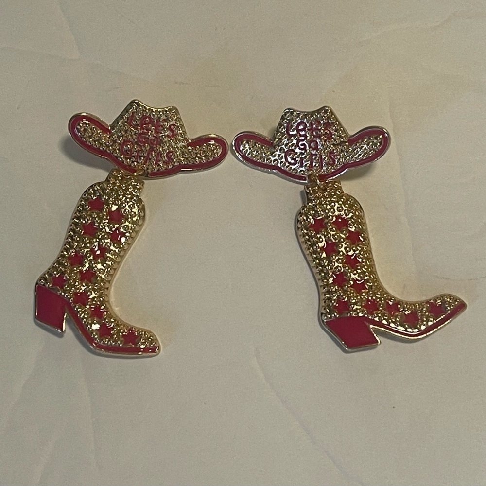 Cowboy Hat Boots Earrings Let’s Go Girls Concert Hoedown New Hot Pink Gold - Picture 6 of 16